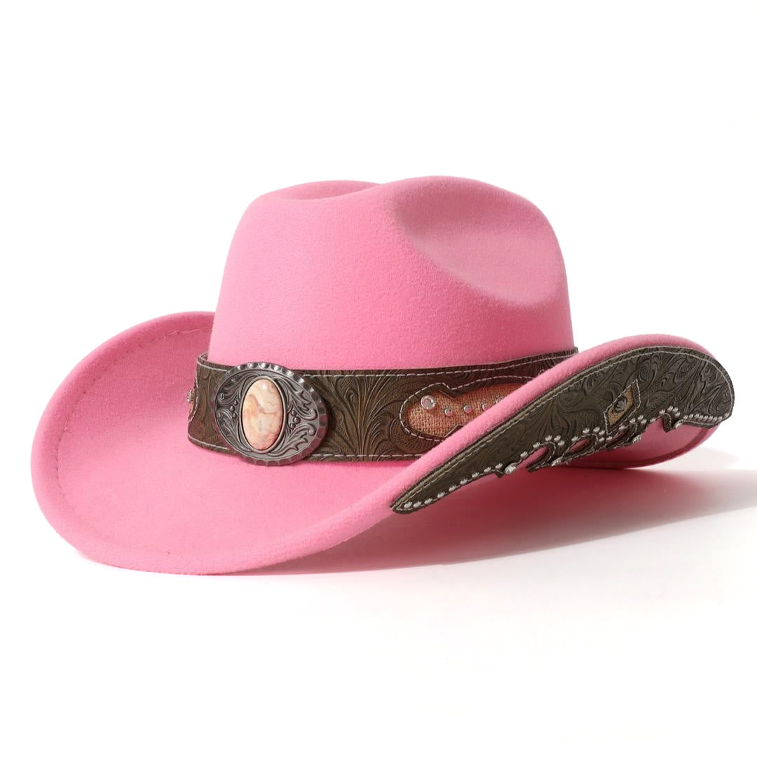 Men's Textured Stone Rivet Patterned Brim Belt Cowboy Hat - Pink - M (22"-22 7/8") - image 1