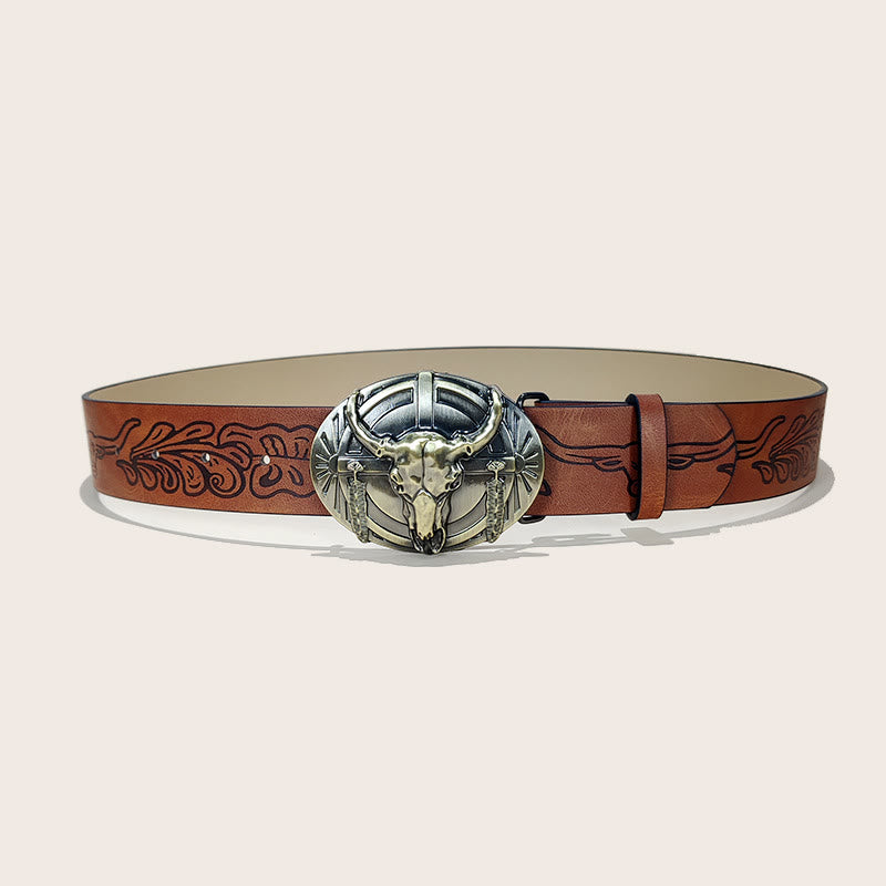 Men's Western Bull Skull Buckle Black Pattern Belt - Bull Skull - Brown - 38 - image 0
