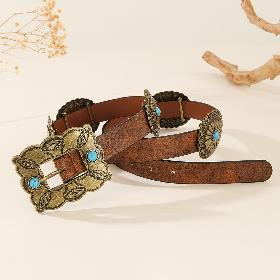 Women's Square Bronze Buckle Round Patterned Turquoise Belt - image 3