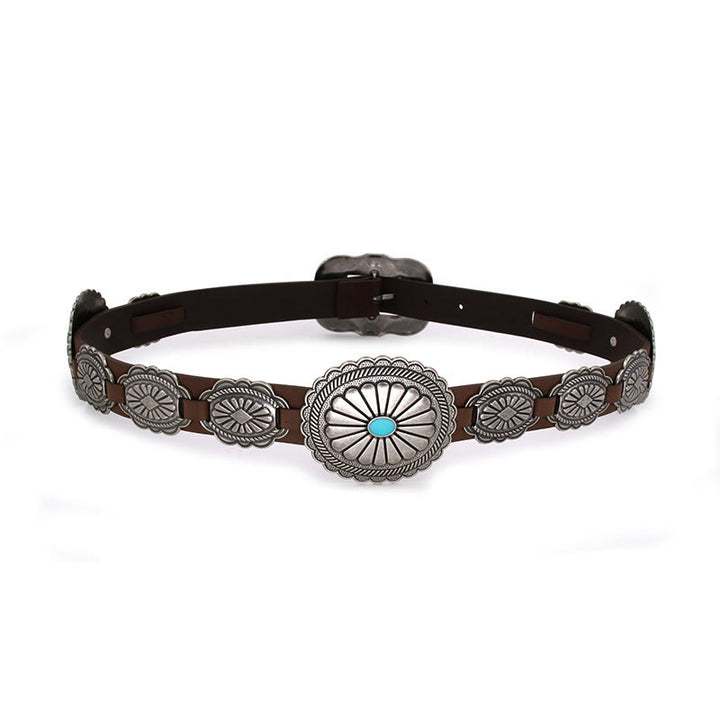 Women's Silver Patterned Turquoise Buckle Belt - Brown - 34 - image 4