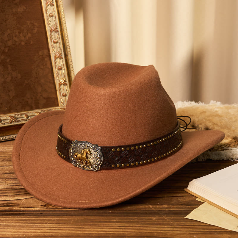 Men's Golden Horse Buckle Brim Rivet Belt Cowboy Hat - Caramel - M (22"-22 7/8") - image 0