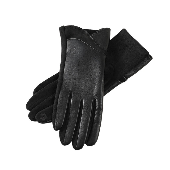 Women's Winter Keep Warm Splicing Design Leather Gloves - Black - image 4