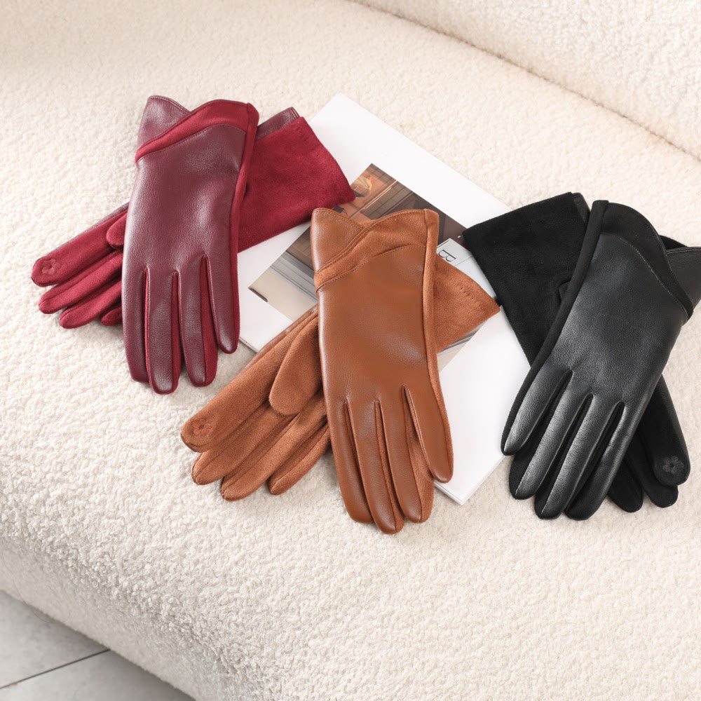Women's Winter Keep Warm Splicing Design Leather Gloves - image 1