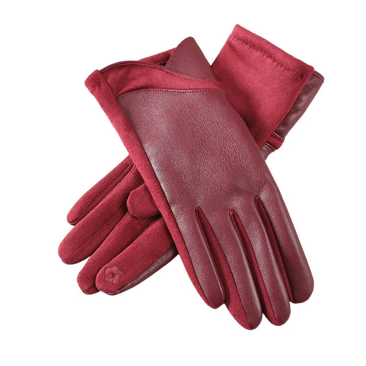 Women's Winter Keep Warm Splicing Design Leather Gloves - Red - Adjustable - image 2