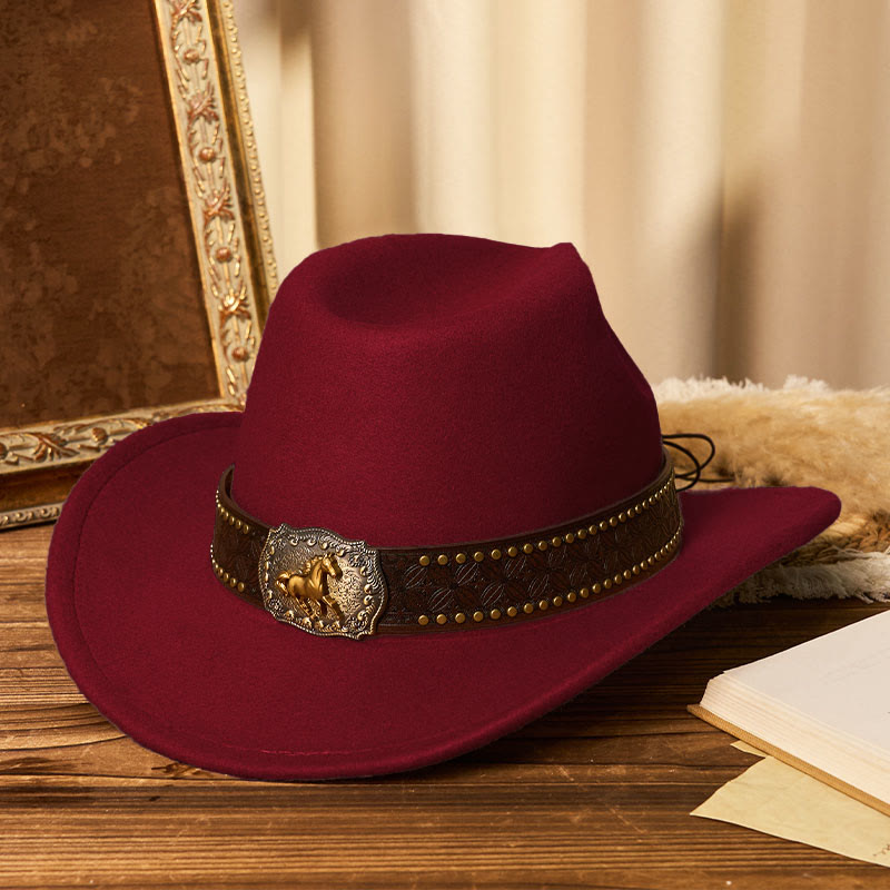 Men's Golden Horse Buckle Brim Rivet Belt Cowboy Hat - Wine - M (22"-22 7/8") - image 8