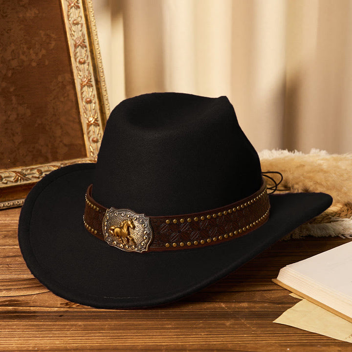 Men's Golden Horse Buckle Brim Rivet Belt Cowboy Hat - Black - M (22"-22 7/8") - image 6