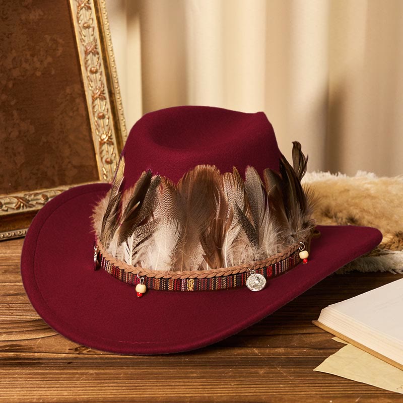 Men's Feather Woven Brim Belt Cowboy Hat - Wine - M (22"-22 7/8") - image 8