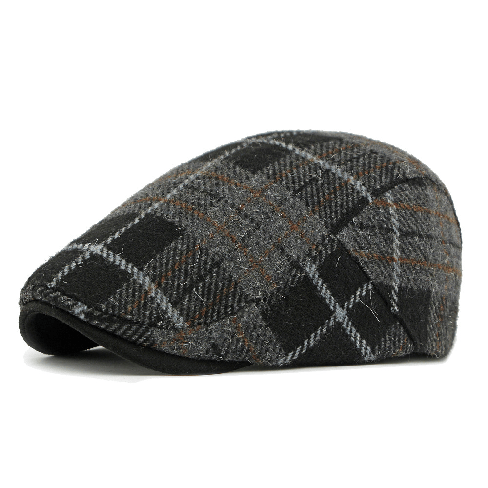 Winter Vintage Plaid Pattern Men's Beret Hat - Black - Adjustable(21 5/8"-23 1/4") - image 3