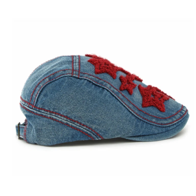 Denim Star Embroidered Men's Beret Hat - image 2
