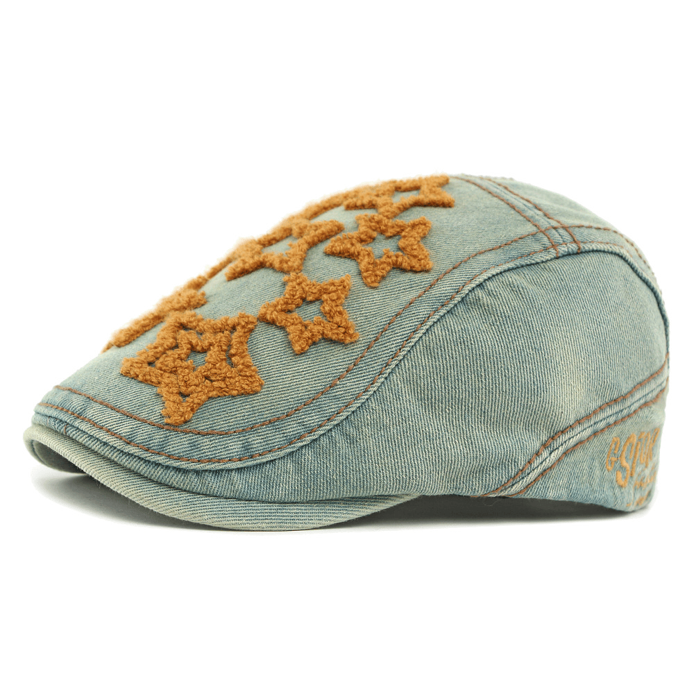 Denim Star Embroidered Men's Beret Hat - Khaki - Adjustable(21 5/8"-23 1/4") - image 7