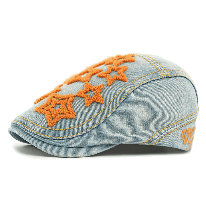 Denim Star Embroidered Men's Beret Hat - Orange - Adjustable(21 5/8"-23 1/4") - image 8