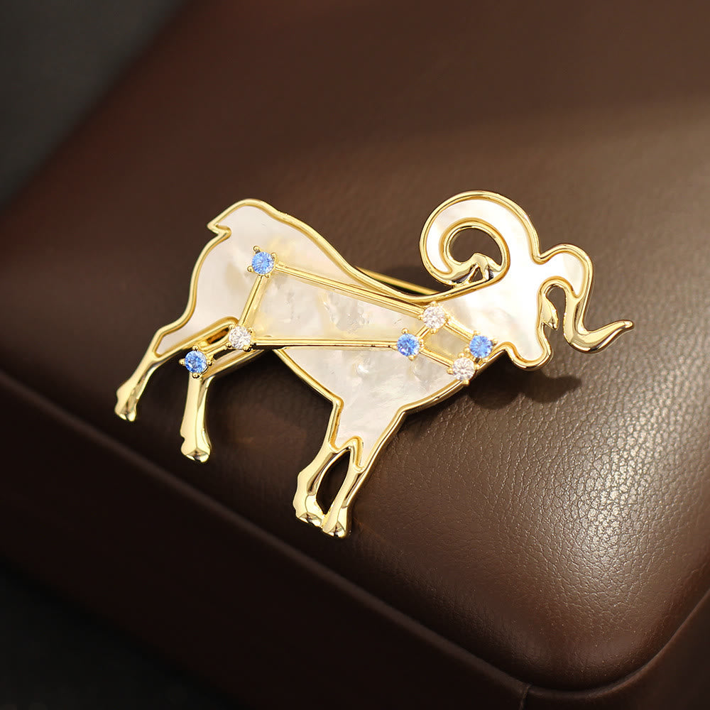12 Constellation Mother-of-Pearl & Blue Crystal Gold Brooch - image 1