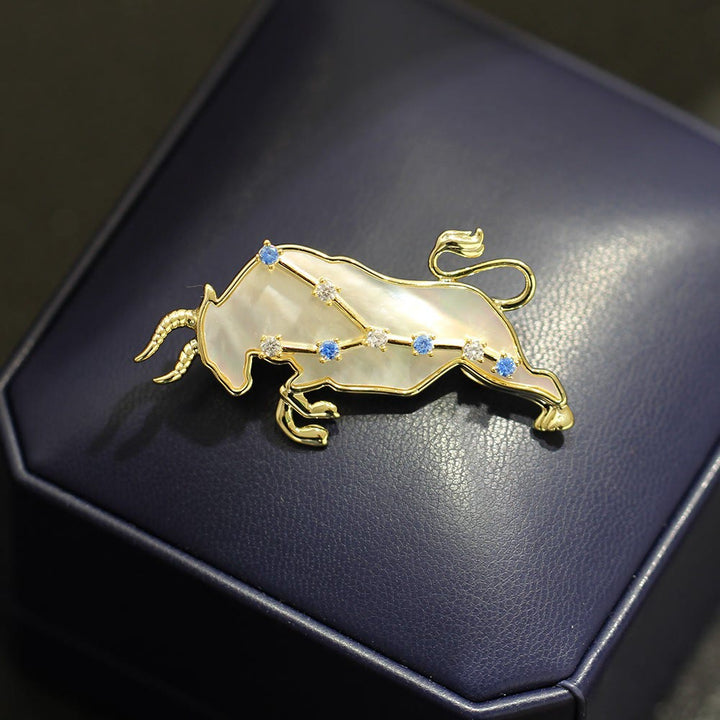 12 Constellation Mother-of-Pearl & Blue Crystal Gold Brooch - image 3