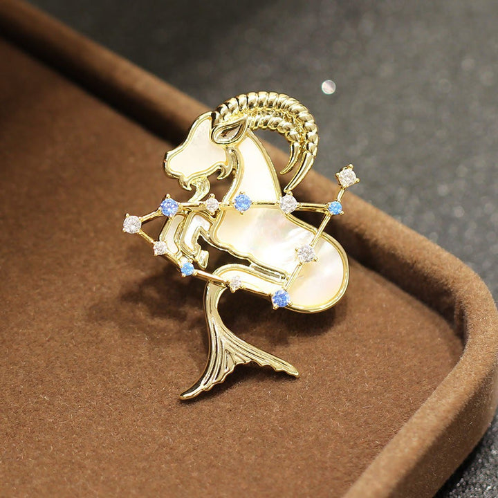 12 Constellation Mother-of-Pearl & Blue Crystal Gold Brooch - Capricorn - image 18