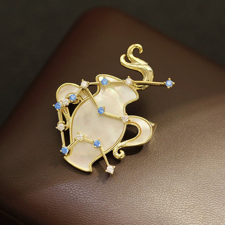 12 Constellation Mother-of-Pearl & Blue Crystal Gold Brooch - Aquarius - image 19