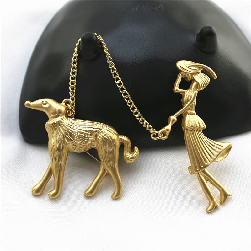 Lady and Hound Gold Chain Brooch - image 0