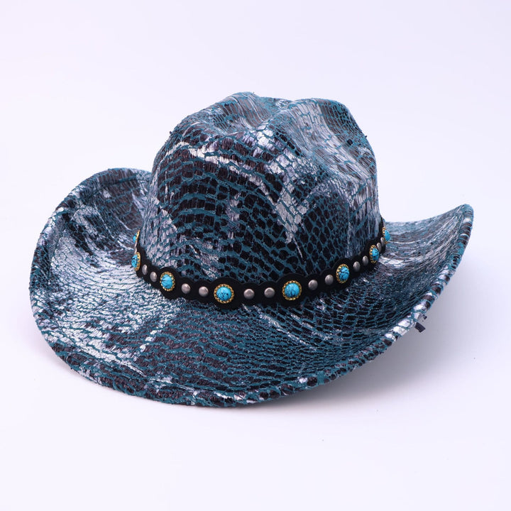 Men's Turquoise Black Belt Crocodile Pattern Cowboy Hat - Green - M (22"-22 7/8") - image 6