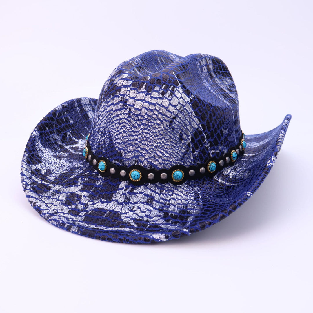 Men's Turquoise Black Belt Crocodile Pattern Cowboy Hat - Royal Blue - M (22"-22 7/8") - image 9