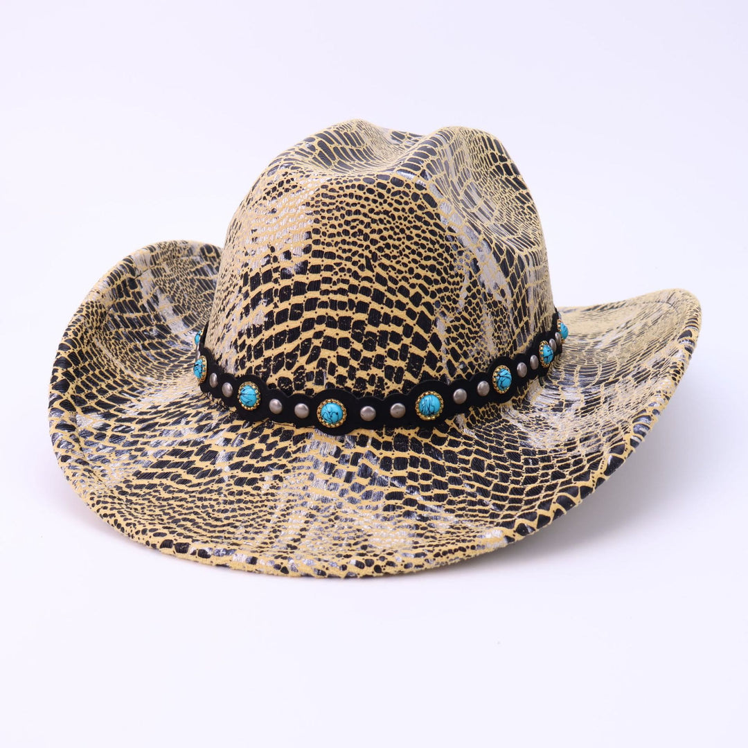 Men's Turquoise Black Belt Crocodile Pattern Cowboy Hat - Yellow - M (22"-22 7/8") - image 8