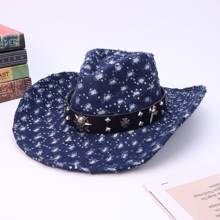 Men's Silver Skull Black Belt Ripped Cowboy Hat - Navy Blue - M (22"-22 7/8") - image 5
