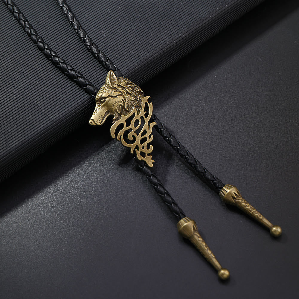 Wolf Head Pattern Retro Bolo Tie - Antique Brass - image 1