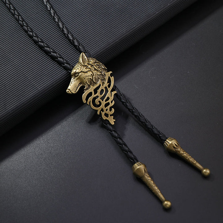 Wolf Head Pattern Retro Bolo Tie - Antique Brass - image 1