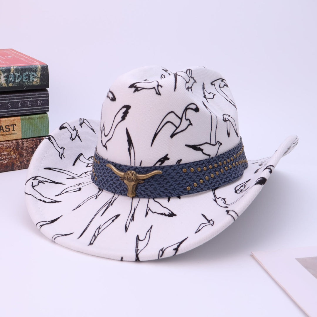 Men's Brass Bull Head Belt Bird Print Cowboy Hat - White - M (22"-22 7/8") - image 0