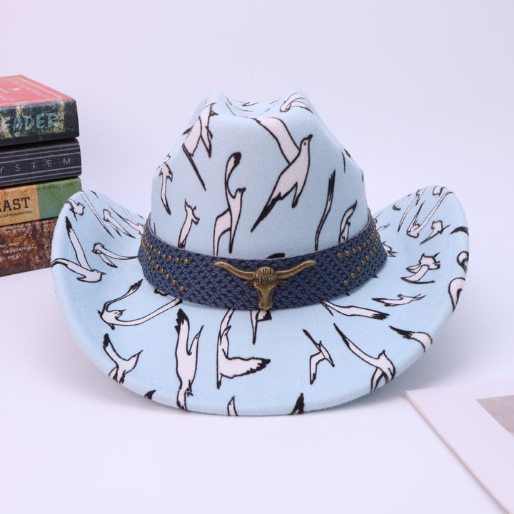 Men's Brass Bull Head Belt Bird Print Cowboy Hat - image 7