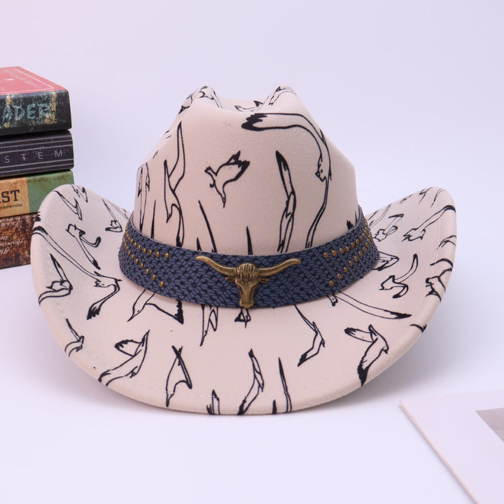 Men's Brass Bull Head Belt Bird Print Cowboy Hat - image 3