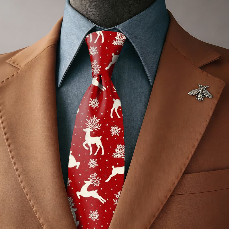 Men's Red Background White Reindeer & Snowflake Necktie - Necktie - image 0