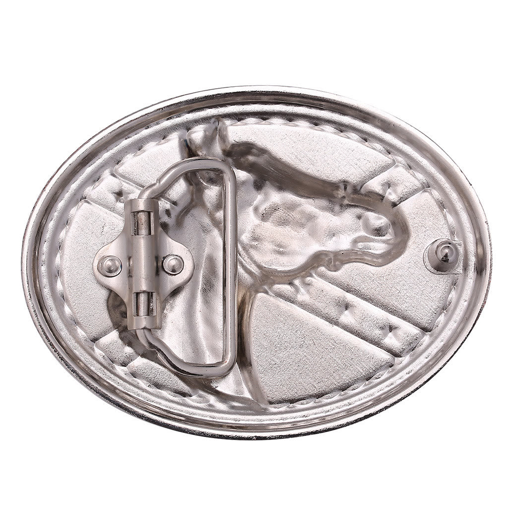 Men's Silver Horsehead Flag Buckle Black Embossed Belt - image 2