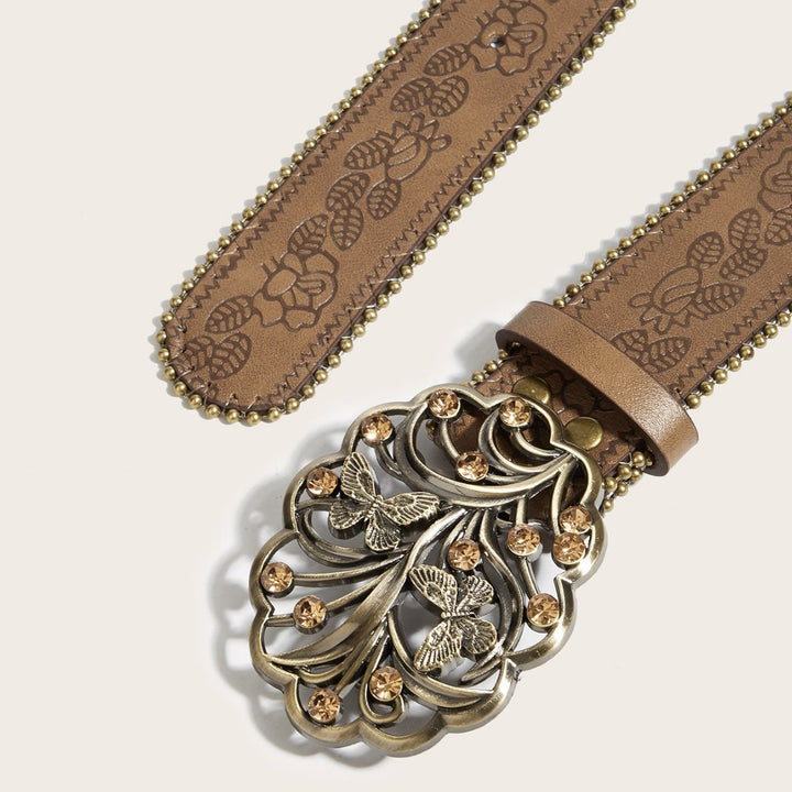 Women's Metal Butterfly Diamond Floral Buckle Brown Embossed Belt - image 1