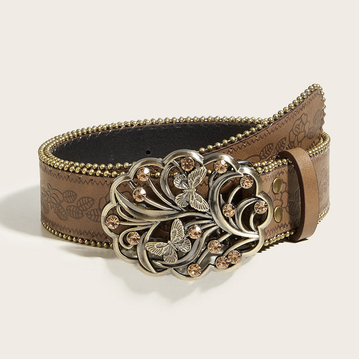 Women's Metal Butterfly Diamond Floral Buckle Brown Embossed Belt - Butterfly Floral - 34 - image 0
