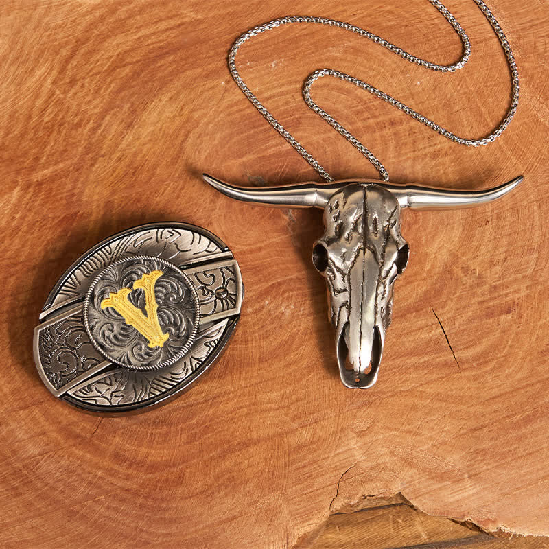 Initial Letter DIY Hidden Knife Belt Buckle Longhorn Pendant Bundle Set - V - Without Belt - image 30