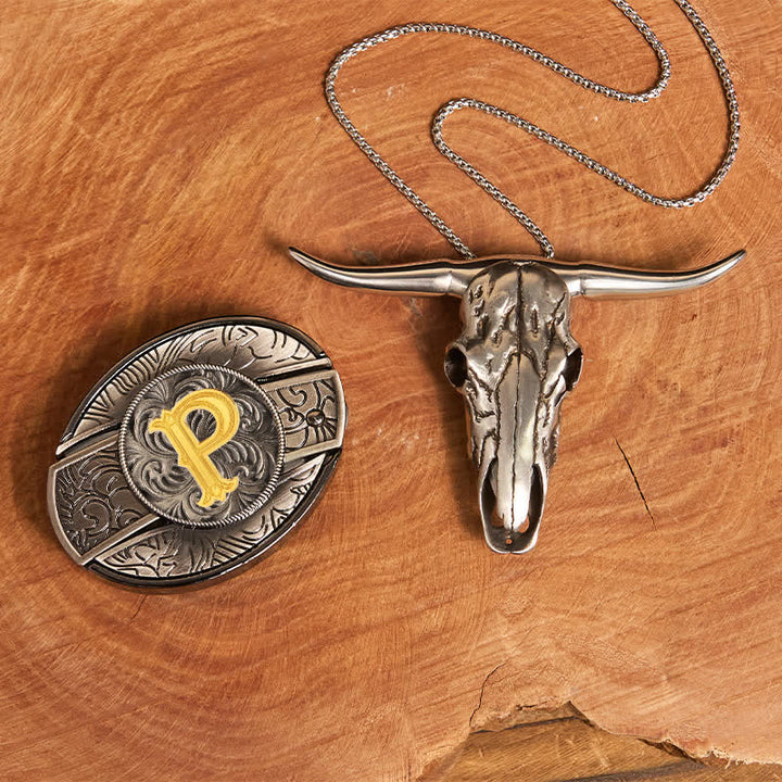 Initial Letter DIY Hidden Knife Belt Buckle Longhorn Pendant Bundle Set - P - Without Belt - image 24