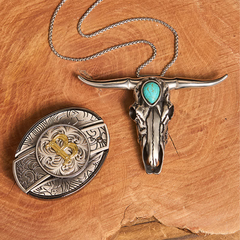 Initial Letter DIY Hidden Knife Buckle Turquoise Bull Pendant Bundle Set - B - Without Belt - image 1