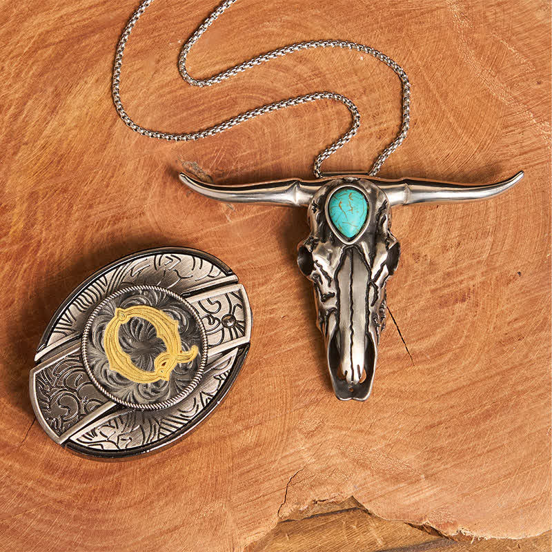 Initial Letter DIY Hidden Knife Buckle Turquoise Bull Pendant Bundle Set - Q - Without Belt - image 25