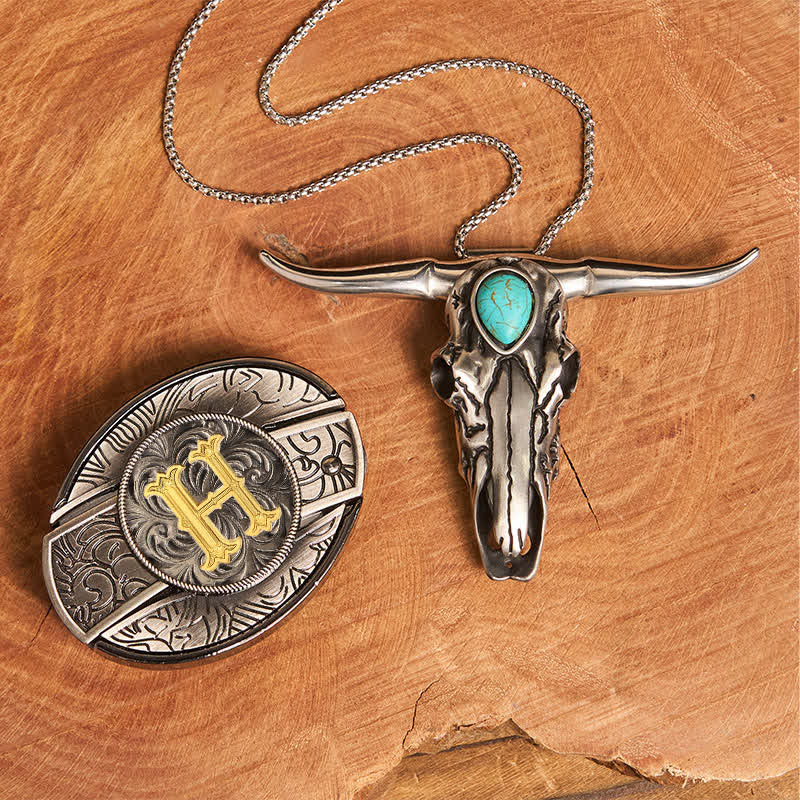 Initial Letter DIY Hidden Knife Buckle Turquoise Bull Pendant Bundle Set - H - Without Belt - image 16