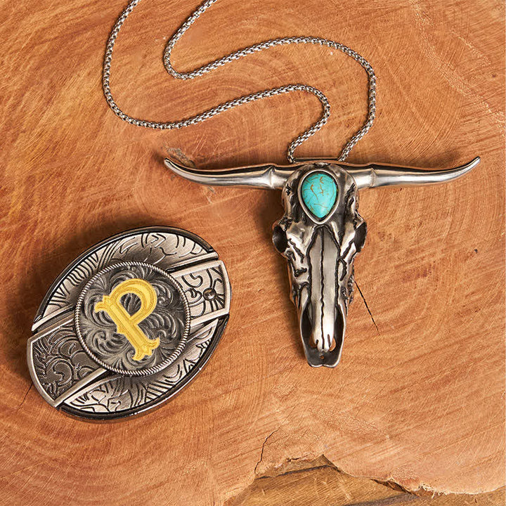Initial Letter DIY Hidden Knife Buckle Turquoise Bull Pendant Bundle Set - P - Without Belt - image 24