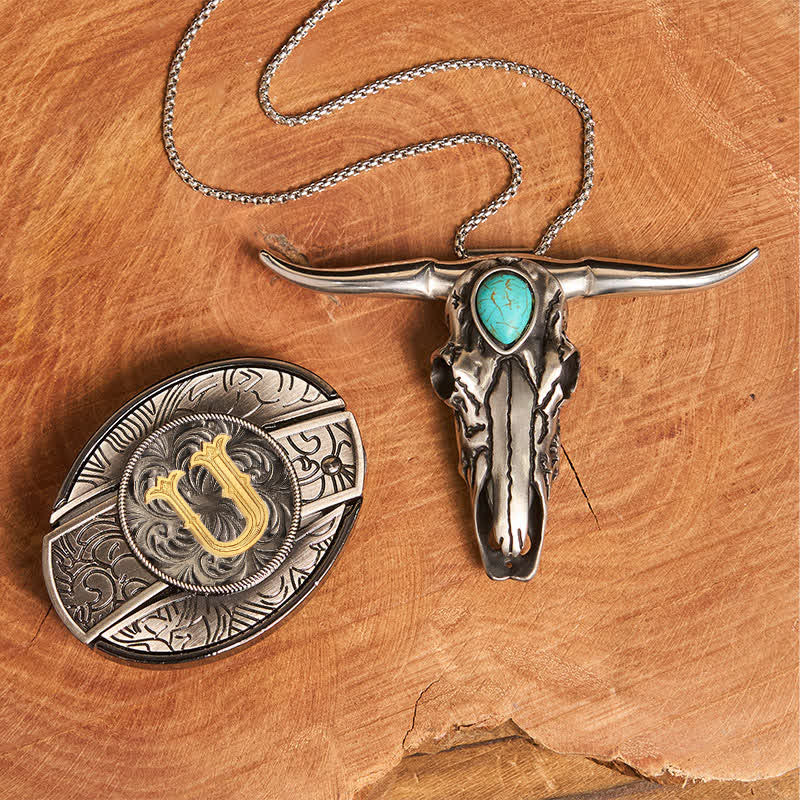 Initial Letter DIY Hidden Knife Buckle Turquoise Bull Pendant Bundle Set - U - Without Belt - image 29