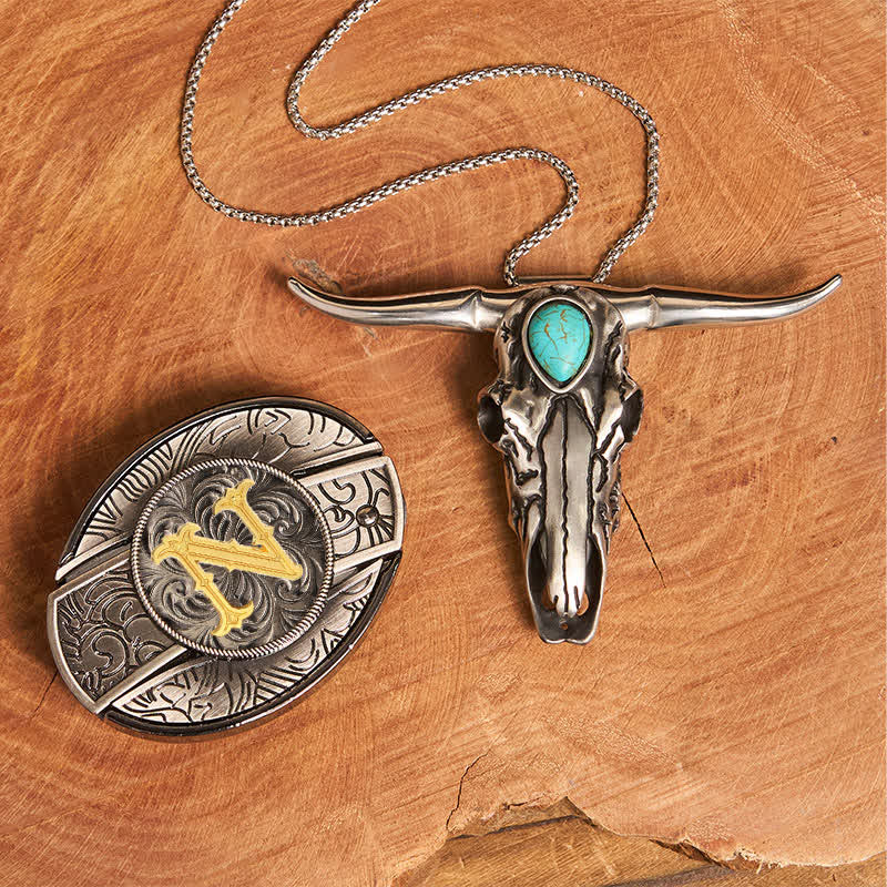 Initial Letter DIY Hidden Knife Buckle Turquoise Bull Pendant Bundle Set - N - Without Belt - image 22