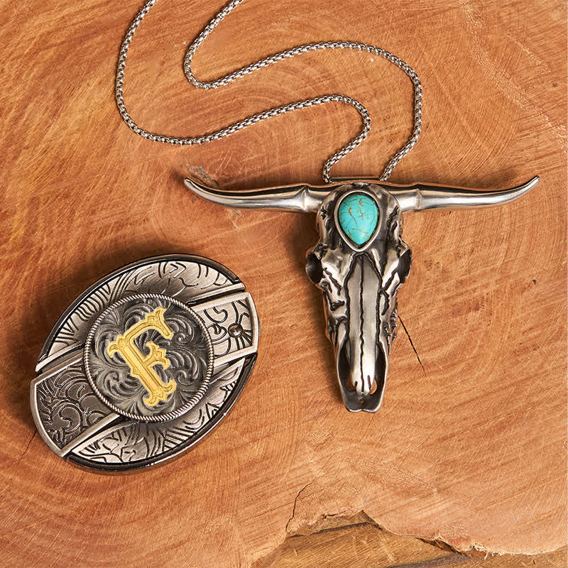 Initial Letter DIY Hidden Knife Buckle Turquoise Bull Pendant Bundle Set - F - Without Belt - image 14