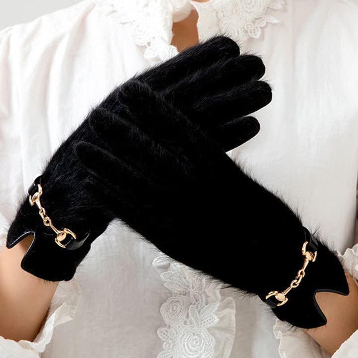 Women's Artificial Rabbit Fur Suede Patchwork Leather Gloves - Black - image 6