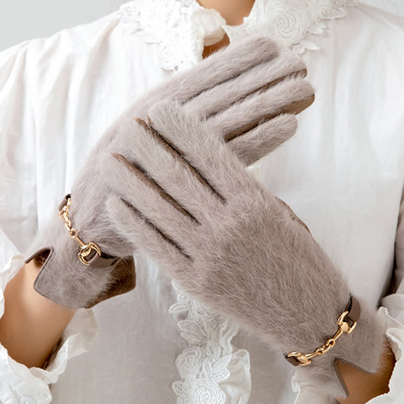 Women's Artificial Rabbit Fur Suede Patchwork Leather Gloves - image 1