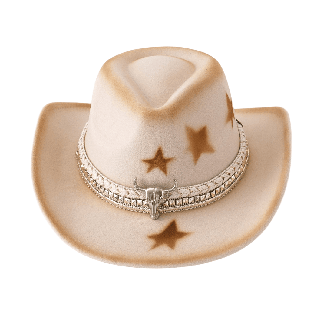 Men's Silver Bull Head Belt Stars Beige Cowboy Hat - image 2