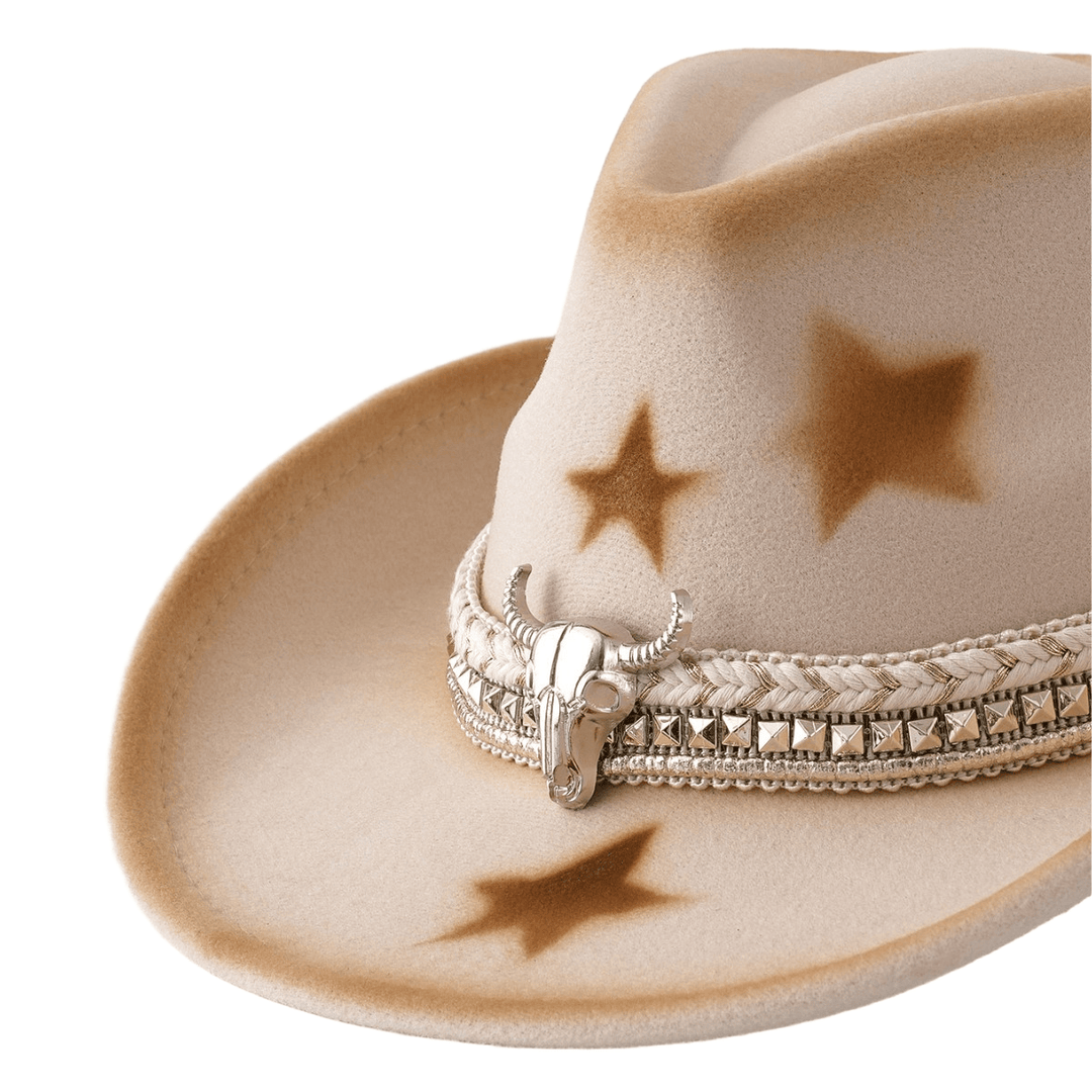 Men's Silver Bull Head Belt Stars Beige Cowboy Hat - image 1