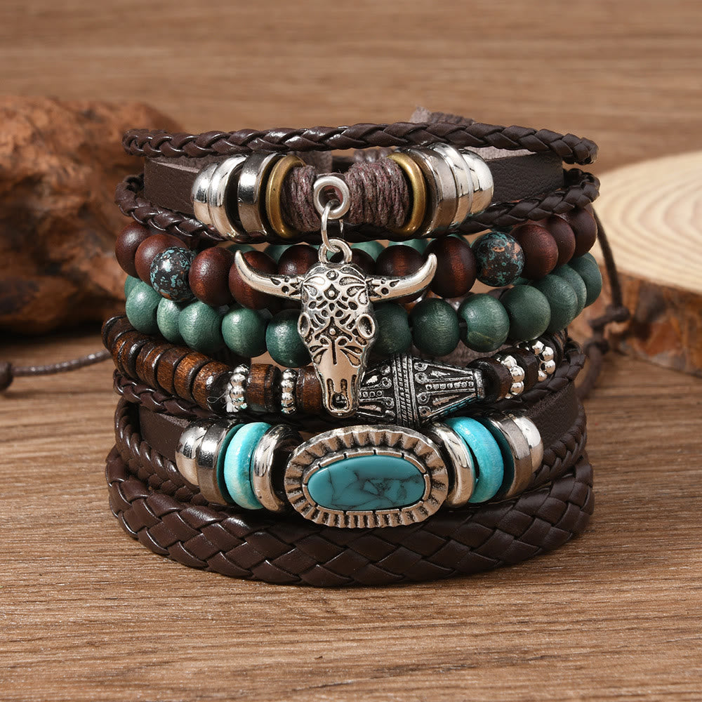 6Pcs Western Retro Bullhead Turquoise Leather Beaded Bracelet - Bullhead Turquoise - image 8