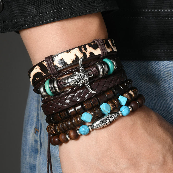 6Pcs Western Retro Bullhead Turquoise Leather Beaded Bracelet - image 7