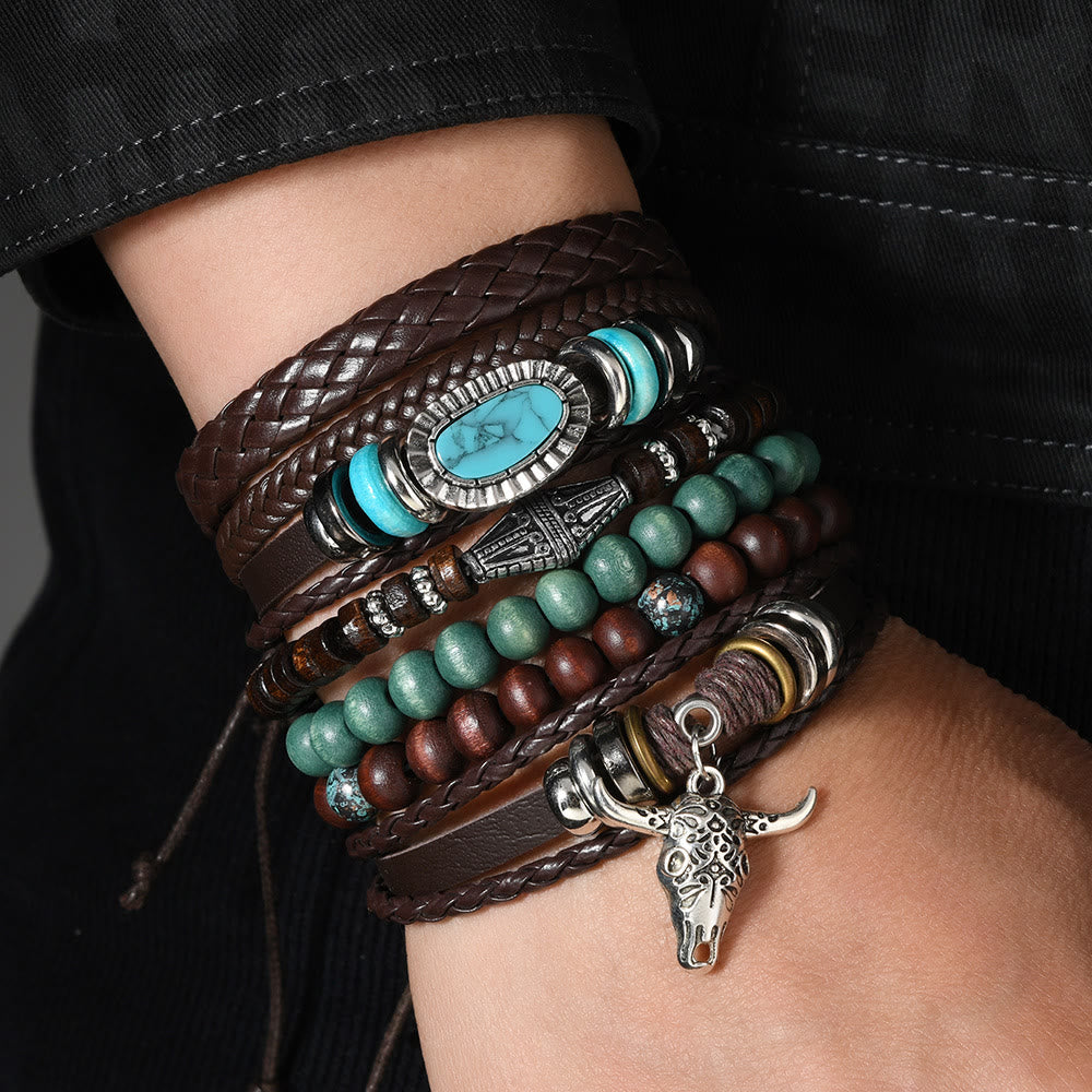 6Pcs Western Retro Bullhead Turquoise Leather Beaded Bracelet - image 9