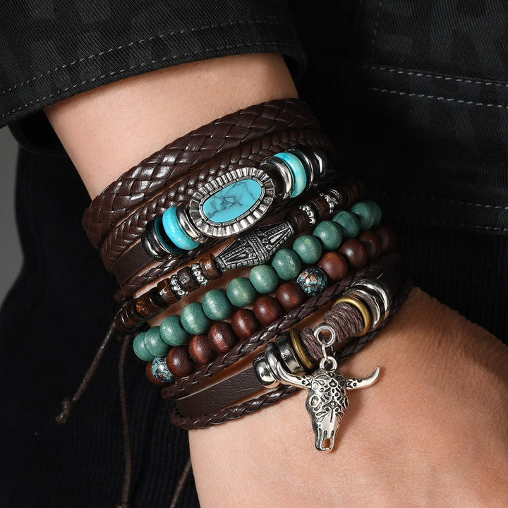 6Pcs Western Retro Bullhead Turquoise Leather Beaded Bracelet - image 9